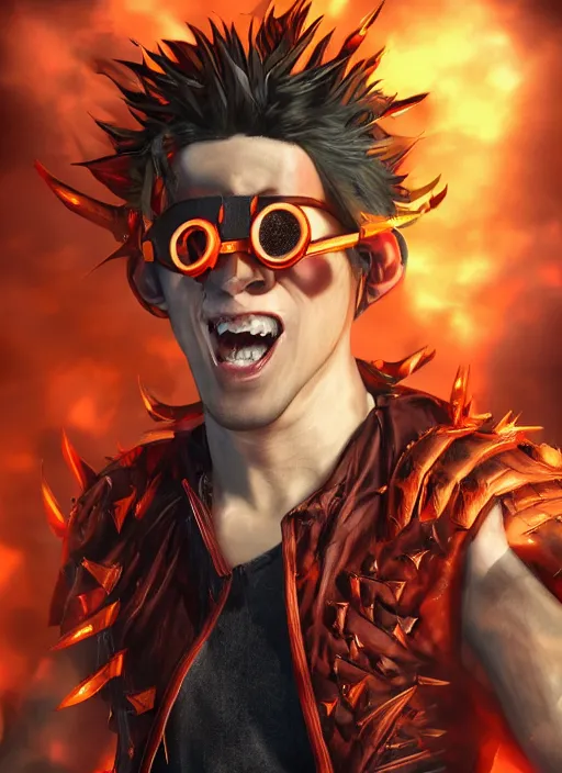 Prompt: An epic fantasy comic book style portrait painting of young man with red spiked long hair, using an orange lens googles. Wearing white shirt, a black waistcoat, brown pants and black boots. He is with a vicious smile in face. Unreal 5, DAZ, hyperrealistic, octane render, cosplay, RPG portrait, dynamic lighting