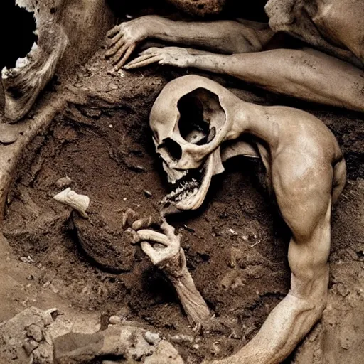 Prompt: “ high resolution photo of archeologists digging up the skull of a monster with horns and sharp teeth ”