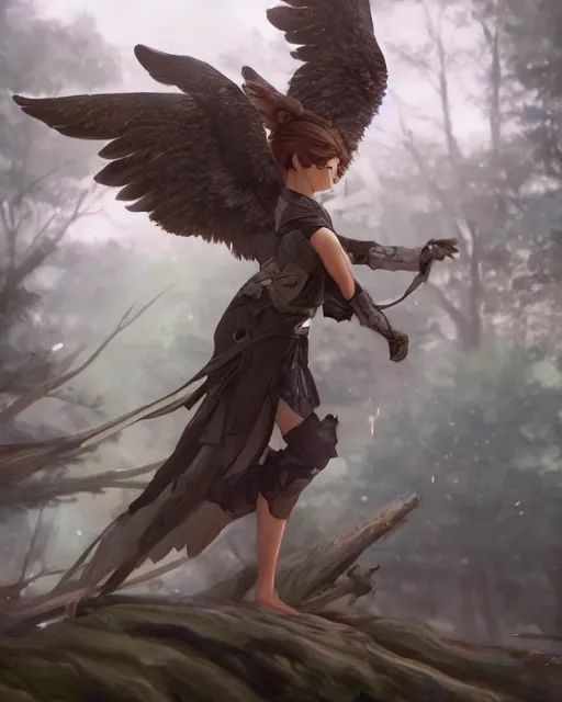 Image similar to a female anthropomorphic eagle warrior. She has two wings on her back. Forest, clearing. Full shot, wings are focus. Atmospheric lighting, By Makoto Shinkai, Stanley Artgerm Lau, WLOP, Rossdraws, James Jean, Andrei Riabovitchev, Marc Simonetti, krenz cushart, Sakimichan, D&D trending on ArtStation, digital art.