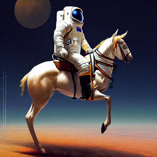 Image similar to a anthropomorphic horse - astronaut riding a human, hyperrealism, no blur, 4 k resolution, ultra detailed, style of ron cobb, adolf hiremy - hirschl, syd mead, ismail inceoglu, rene margitte