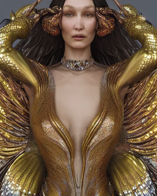 Image similar to a highly detailed metahuman 4 k close up render of an alien goddess bella hadid as goddess in iris van herpen dress schiaparelli in diamonds crystals swarovski and jewelry iridescent in style of alphonse mucha gustav klimt trending on artstation made in unreal engine 4