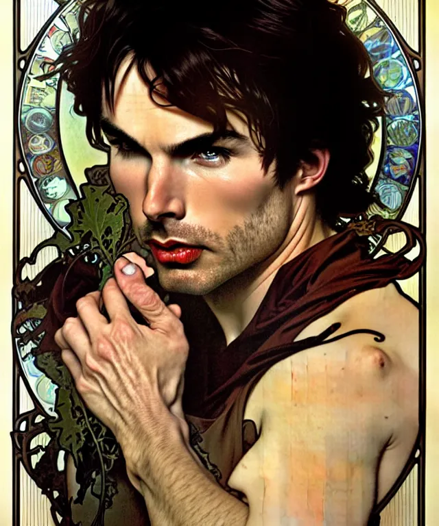 Prompt: realistic detailed face portrait of ian somerhalder by alphonse mucha, ayami kojima, amano, greg hildebrandt, and mark brooks, male, art nouveau, neo - gothic, gothic