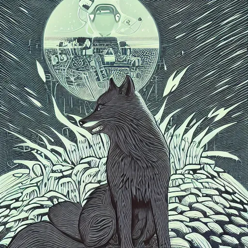 Prompt: fox and a robot by woodblock print, nicolas delort, moebius, victo ngai, josan gonzalez, kilian eng