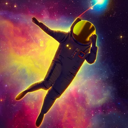 Image similar to Art Deco image of an amazed astronaut floating near a nebula. 8k resolution. Digital Art.