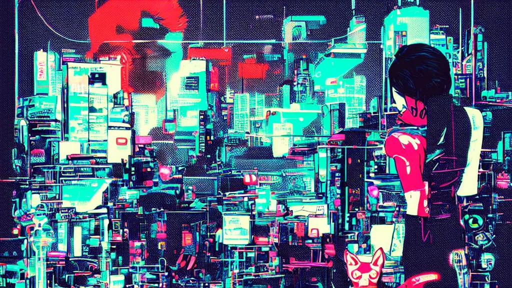 Prompt: dog futuristic japanese backlight cyberpunk by atey ghailan roy lichtenstein andy warhol ben - day dots, pop art, bladerunner, pixiv contest winner, cyberpunk style, cyberpunk color scheme, mechanical, high resolution, hd, intricate detail, fine detail, 4 k