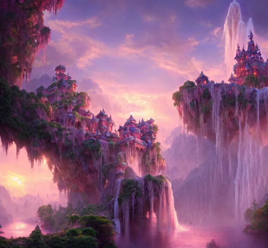 Prompt: beautiful!!! digital painting of a ( ( ( floating cloud kingdom ) ) ) with an intricate expensive castle and waterfalls!! | dreamy pink!!! sunset!!! intricate civilization, epic rim lighting, dramatic!!!! craig mullins, james jean, octane render, trending on artstation, deviantart, studio level quality, hyperdetailed