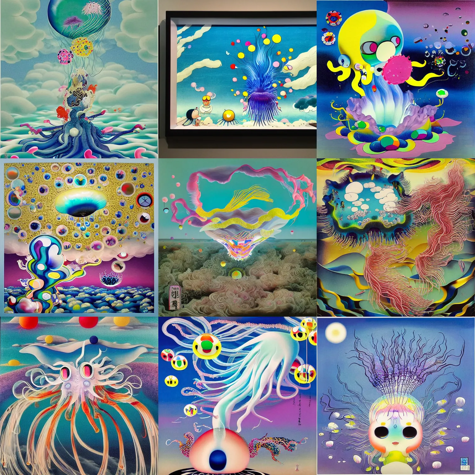 Prompt: The Portuguese Man o' War Comes Down From The Mountain painting by Chiho Aoshima, Takashi Murakami, Yoshitomo Nara, Huang Yuxing and Aya Takano , Superflat art movement, chibi, soft pastel colors, very ethereal, soft glow, black box by Max Ernst