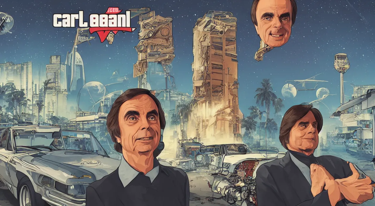 Prompt: carl sagan s a gta loading screen, illustration gta 5 artwork, stephen bliss