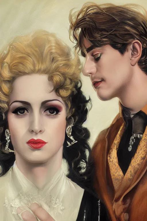 Prompt: a portrait of handsome young male 1960s glam rock star and his elegant beautiful glam witch wife, bored, illustration, dramatic lighting, soft details, painting oil on canvas, art nouveau, octane render, HDR, 4k, 8k, HD, by Edmund Blair Leighton, Brom, Charlie Bowater, trending on artstation, faces by Tom Bagshaw, Sargent