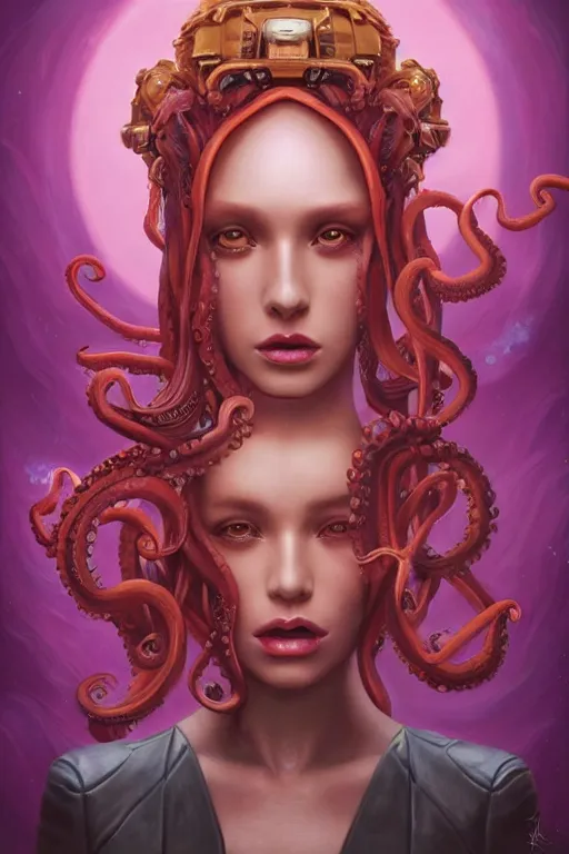 Prompt: portrait of an elegant alien octopus woman queen, straight on portrait, by artgerm, tom bagshaw, gerald brom, vaporwave colors, lo - fi colors, vaporwave, lo - fi, moody vibe, goth vibe, 4 k, hd,