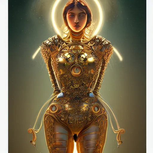 Image similar to ultradetailed ornate pre-raphaelite RPG illustration of beautiful symmetric robot radiating glowing aura, fully clothed with an art deco costume, digital airbrush painting, 3d rim light, hyperrealistic masterpiece, artstation, cgsociety, golden ratio