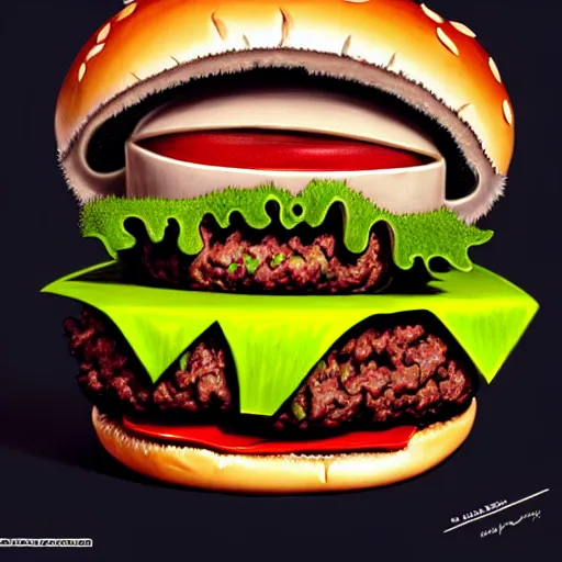 Prompt: a monster with a hamburger head on a suit, hamburger monster, burger face, burger with human eyes, burger with a mouth, very detailed eyes, character concept art, fantasy, intricate, fantasy drawing, illustration, highly detailed, hyperrealistic, cgsociety, artstation, oil painting by greg rutkowski, by artgerm