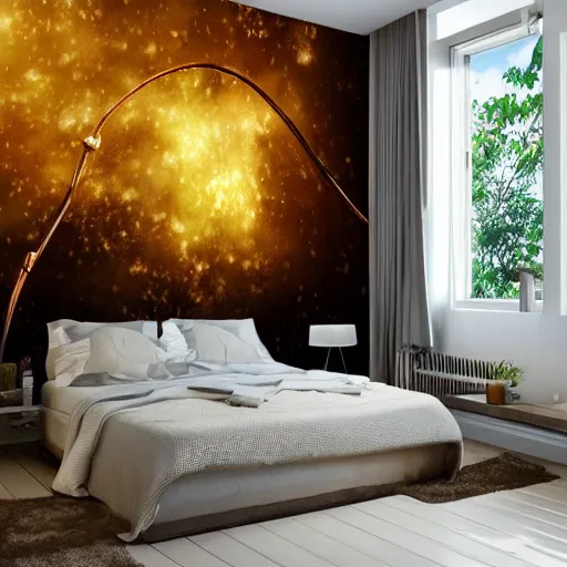 Prompt: a cozy bedroom interior with wall murals painted by a genius, detailed, high resolution, wow!, intricate, volumetric lighting, raytracing