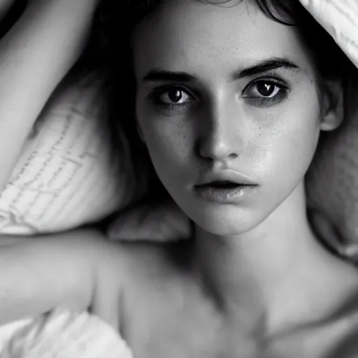 Prompt: black and white Vogue photograph, highly detailed portrait of a depressed girl drug dealer lying in bed, detailed face looking into camera, eye contact, natural light, mist, fashion photography, film grain, soft vignette, sigma 85mm f/1.4 1/10 sec shutter, Darren Aronofsky film still promotional image, IMAX 70mm footage
