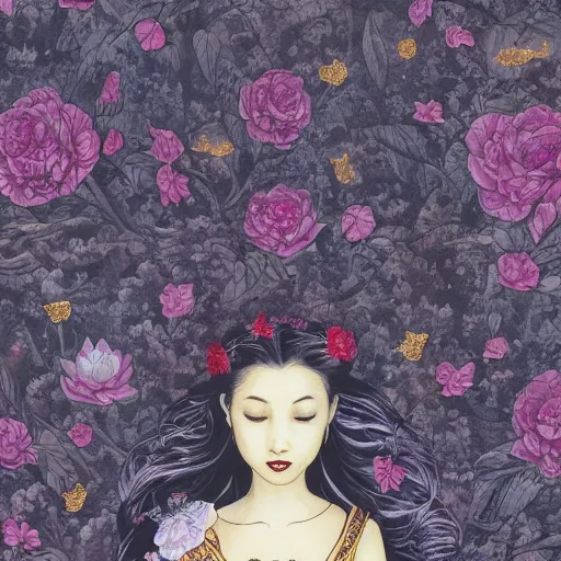 Prompt: Gilded lotus princess, ivy, oriental wallpaper, 🌌james jean