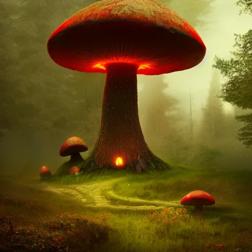 Prompt: giant glowing mushroom house in a magical foggy forest, fantasy concept art, hyperrealistic imagination, 8k resolution, octane render, deviant art