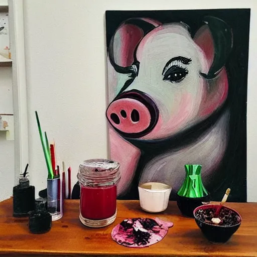 Image similar to “ a portrait in a female art student ’ s apartment, sensual, a pig theme, art supplies, paint tubes, ikebana, herbs, a candle dripping white wax, black walls, squashed berries, berry juice drips, acrylic and spray paint and oilstick on canvas, surrealism, neoexpressionism ”