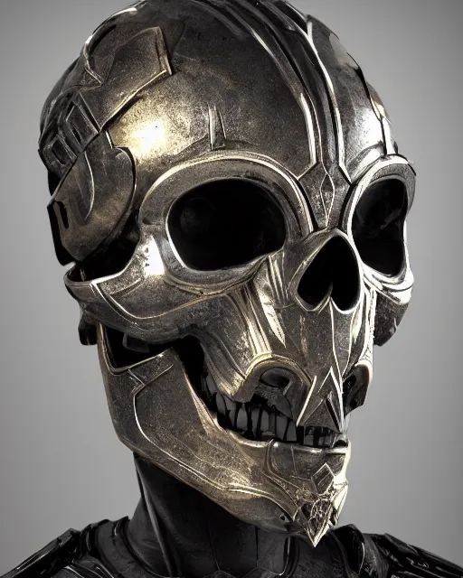 Image similar to a portrait of a dark sci fi skull encased in dark sci fin armor and ornate metal ornaments, cinematic lighting, smooth, high detail, complex shapes, unreal engine, octane render, by blizzard studios, golden rule, sense of action, fog volumes, vivid color glow, post processing, cgsociety