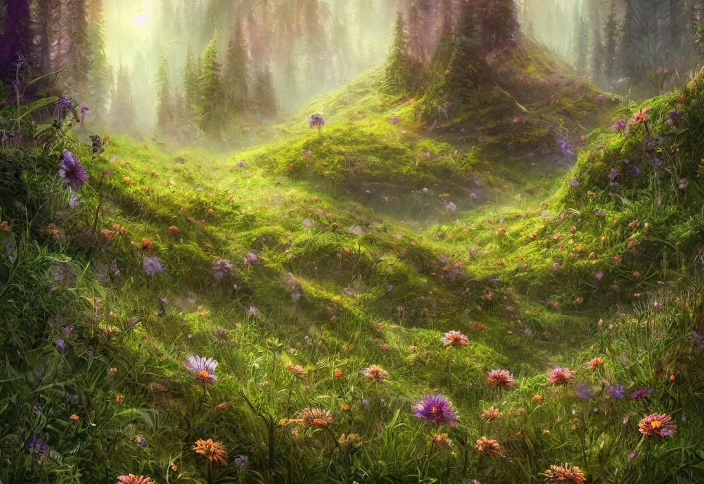 Prompt: an alien flowering meadow a forest behind it, epic fantasy, detailed, intricate, digital painting, concept art, realistic, smooth, focus, rim light