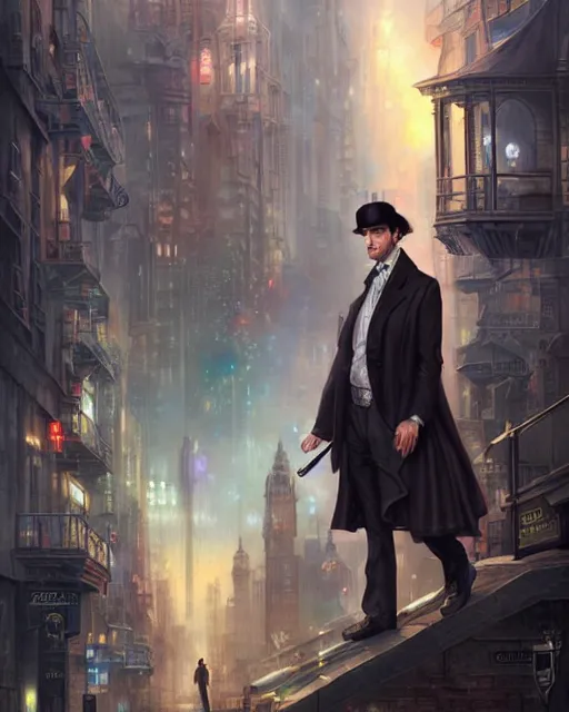 Prompt: portrait of sherlock holmes on a futuristic city street, soft colours, digital painting, detailed, realistic, digital art, by alayna lemmer, by tom bagshaw