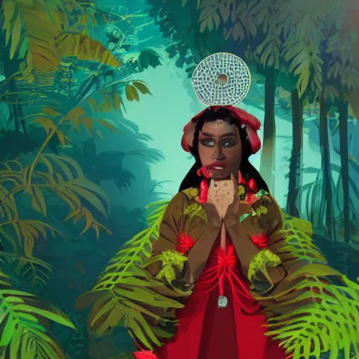 Prompt: a petros afshar of reimu in the jungle wearing bonnet