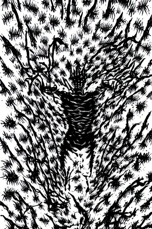 Prompt: spikes coming out of a monster woman\'s back, thorny creature Junji Ito, horror manga art, key visual