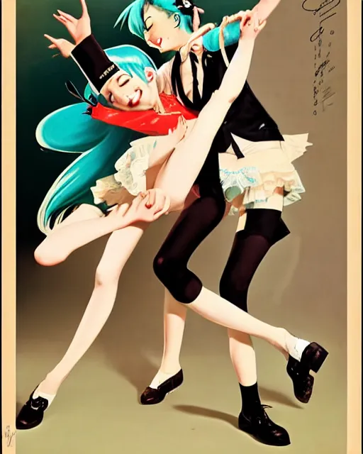 Image similar to hatsune Miku dancing by Gil Elvgren and Enoch Bolle