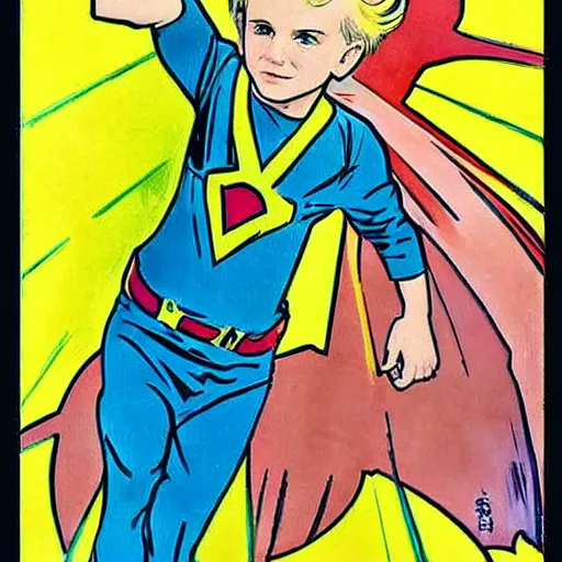Prompt: a cute little boy with a mischievous face and blonde hair. he is dressed as a superhero. well composed, clean elegant painting, beautiful detailed face. comic book art by steve ditko and jack kirby and ( alphonse mucha )