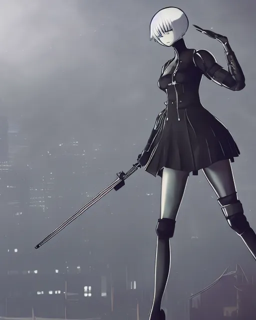 Prompt: 2B from Nier Automata and with slender body type standing in front of a large building holding a pistol, cartoon illustration, 8k