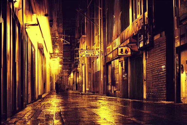 Prompt: sad city, street, depth of field, by wlop, at night, poster, highly detailled