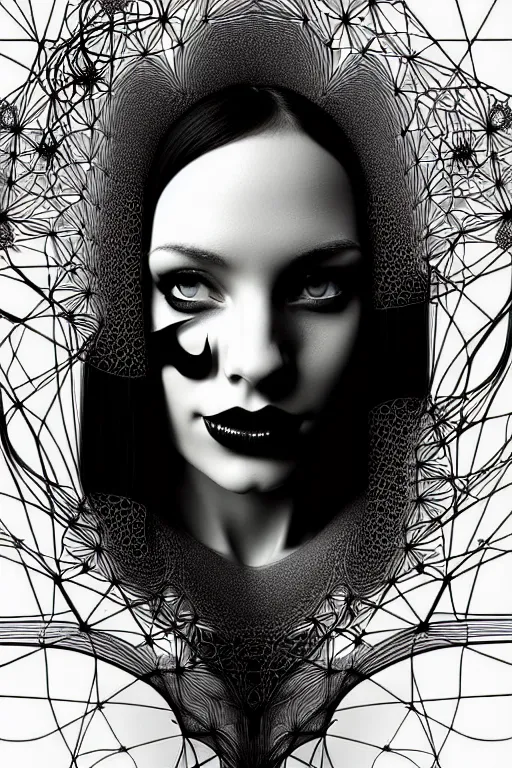 Image similar to portrait of a young beautiful woman with a mask. contemporary photograph and speed painting and fractal and mandelbulb and lines and scribble art. black and white, black on black. intricate, elegant, super highly detailed, professional digital painting, concept art, smooth, sharp focus, no blur, no dof, extreme illustration, Unreal Engine 5, Photorealism, HD quality, 8k resolution, 3D, beautiful, cinematic, art