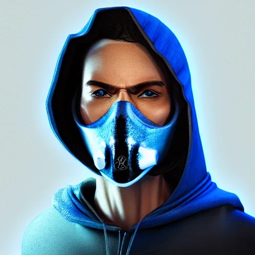 Prompt: a highly detailed, portrait of a man with black hair with a black medical mask, in a hood in the form of a blue shark with white teeth, artstation, DeviantArt, professional, octane render, digital art