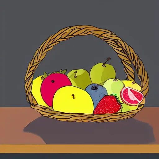Prompt: a fruit basket on top of a kitchen table, concept art