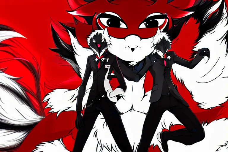 Image similar to a furry tan male fox on a persona 5 : royal ( by atlus ) video game splash screen, a furry male sandcolored tan fox fursona ( has hair ), persona 5 phantom thief style