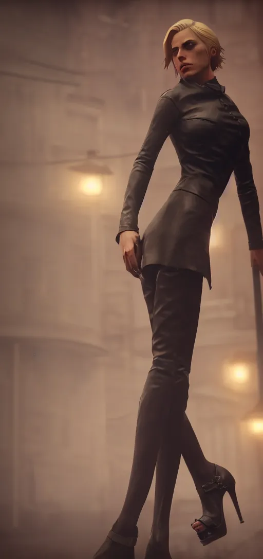 Prompt: beautiful annie leonhart posing on high heels in dunwall city, redshift render, high heels open toe, beautiful face, detailed face, cinematic lighting, rainy weather, melancholy atmosphere, volumetric light, octane render, dishonored 1, gothic architecture, realistic reflections, octane render 8 k, model women