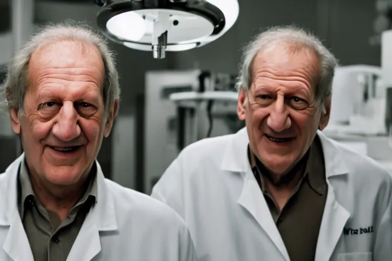 Prompt: an ultra realistic cinematic portrait of an evil male scientist smiling, stood in a lab, detailed, deep focus, movie still, dramatic lighting, by werner herzog