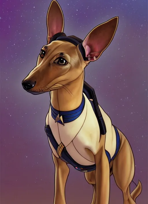 Prompt: cute star trek officer brindle greyhound, natural lighting, path traced, highly detailed, high quality, digital painting, by don bluth and ross tran and studio ghibli and alphonse mucha, artgerm