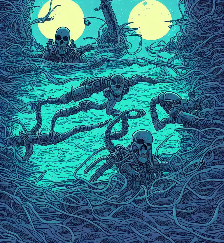 Prompt: The Grim Reaper twins dreaming underwater on an alien world by Dan Mumford and Josan Gonzalez and Laurie Greasley and Tim Doyle, tenebrism, tonalism