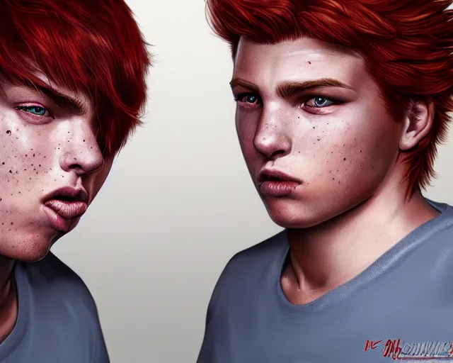 Image similar to portrait short and stocky of 1 9 - year - old male twins with red hair and freckles, two male, wearing shirts,, hyper realistic face, beautiful eyes, character art, art by mark brooks, hyperdetailed, cryengine, trending on artstation, digital art