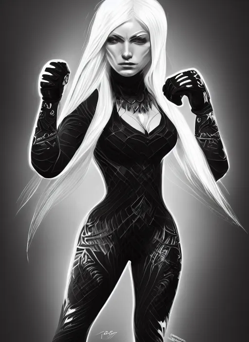 Prompt: a highly detailed illustration of fierce platinum blonde woman wearing black mma gear, heroic fighting stance pose, intricate, elegant, highly detailed, centered, digital painting, artstation, concept art, smooth, sharp focus, league of legends concept art, wlop