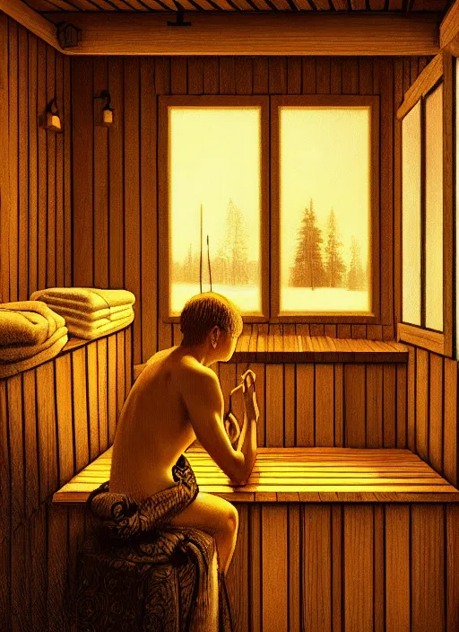 Image similar to finnish sauna, backround dark, highly detailed, digital illustration, trending in artstation, modern painting, smooth, sharp focus, intricate, einar jonsson, ilya repin