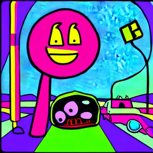 Image similar to surreal neon comic bright colored horror artwork made in Kid Pix