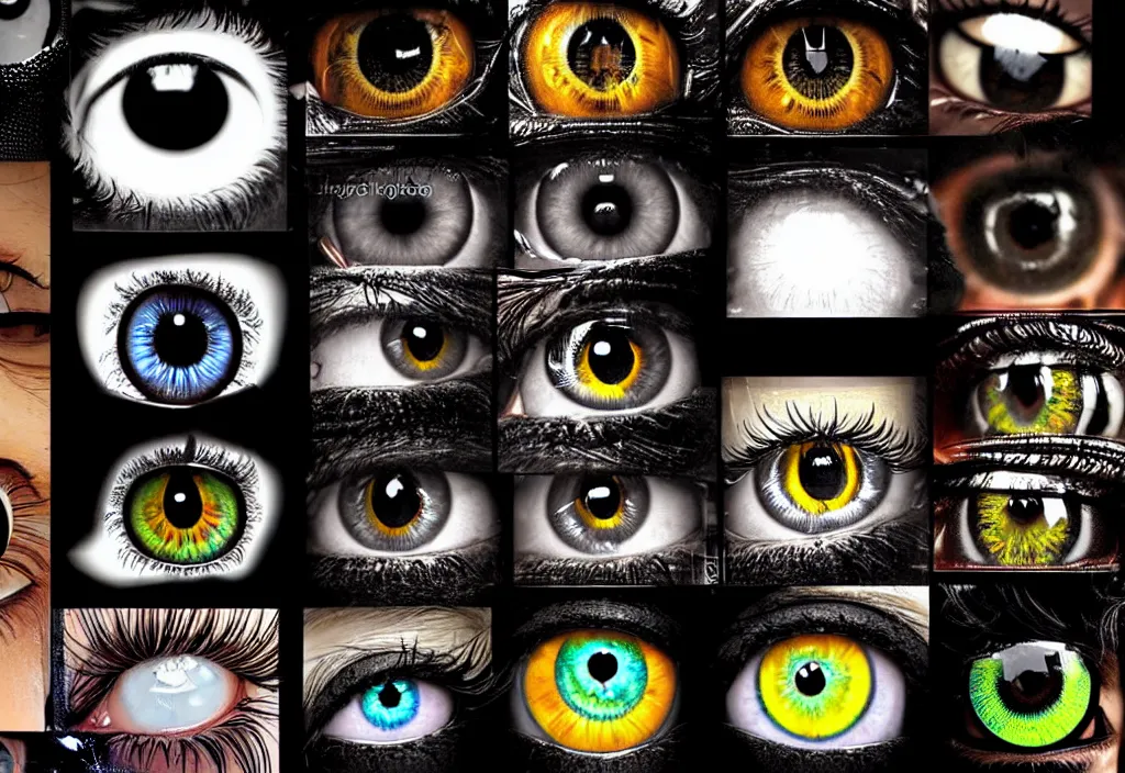 Image similar to grid montage of cube shaped eyes, square shaped black dilated pupils, cube shaped irises, detailed colored textures, eyelashes, advanced art, art styles mix, from wikipedia, wet reflections in square eyes, sunshine light, hd macro photograph, from side, various eyelid positions, square black pupil centered