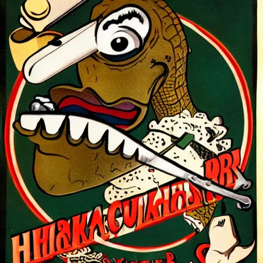 Image similar to a poster featuring a humanoid crocodile smoking a cigar, a hawk with a black cross shaped sword