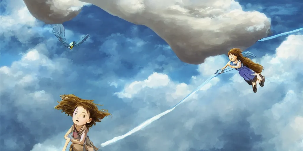 Prompt: A girl flying with a bird-shaped white glider over the clowds, Nausicaa of the Valley of the Wind, Miyazaki Hayao, ghibli style, highly detailed, digital painting, concept art, sharp focus, illustration