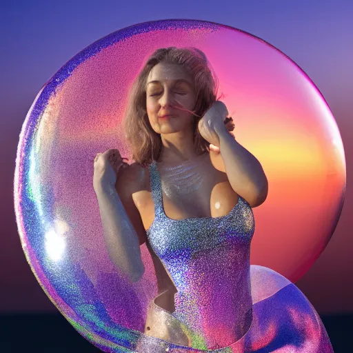 Image similar to portrait photo, a woman covered in intricate silver body paint and a purple florescent bikini inside a giant iridescent bubble floating above beautiful colorful pink sunset clouds