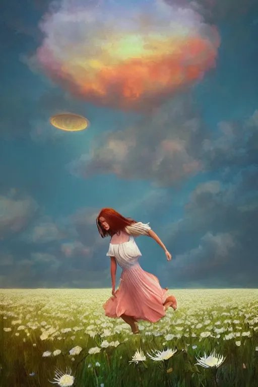 Image similar to floating white daisy flower as head, girl dancing in a flower field, surreal photography, sunrise, dramatic light, impressionist painting, colorful clouds, digital painting, artstation, simon stalenhag