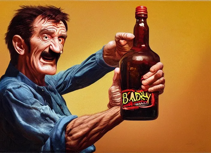 Prompt: barry chuckle drinking a bottle of snake oil, snake oil advertisement from 1 9 8 8, artwork by greg rutkowski and richard corben, 3 d, high resolution 8 k