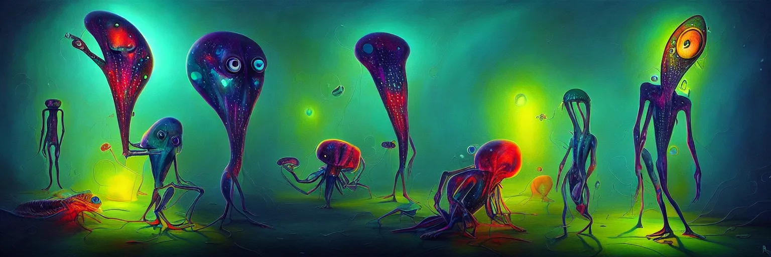 Image similar to strange alien plankton creatures from the depths of the collective unconscious, dramatic lighting, surreal darkly colorful painting by ronny khalil