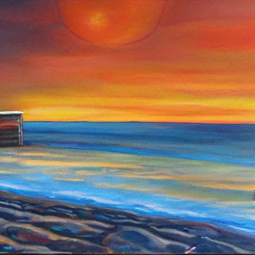 Image similar to sunset over a wooden cabin on the coast, sea, oil painting